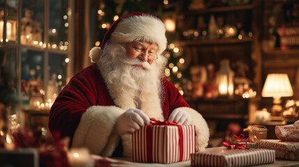 Santa Claus Making Christmas Gifts at Home, Holiday Preparation and Festive Spirit