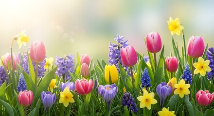 Vibrant spring garden border filled with colorful tulips daffodils and hyacinths under soft sunlight