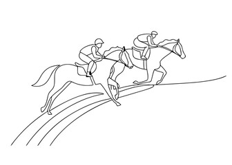 Fototapeta premium Line art of two jockeys racing on horses in motion 