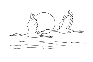 Obraz premium Two line art cranes flying over water with sun in the background 