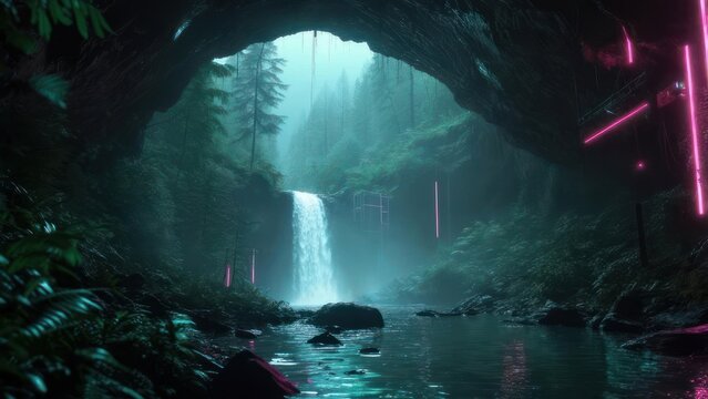 Mystical waterfall scene in a dark, lush forest, illuminated by neon lights - Powered by Adobe