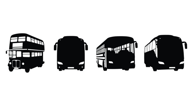 Four bus silhouettes isolated on white background in different positions