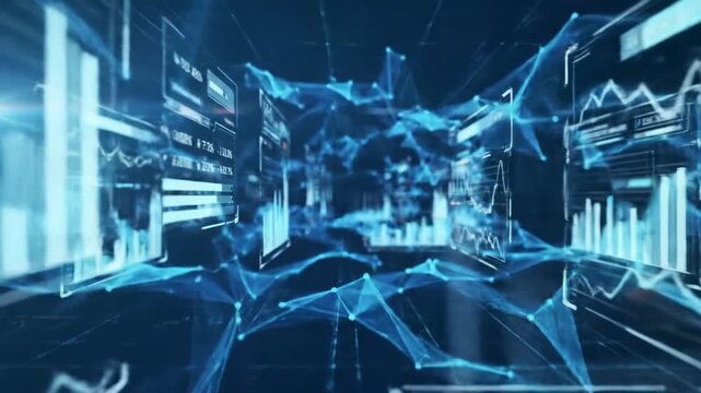 Mesmerizing abstract 3D digital realm with holographic HUD, financial charts, and data graphs in sapphire blue and electric cyan, slow tracking video with lens flares. Cutting-edge data analytics - Powered by Adobe