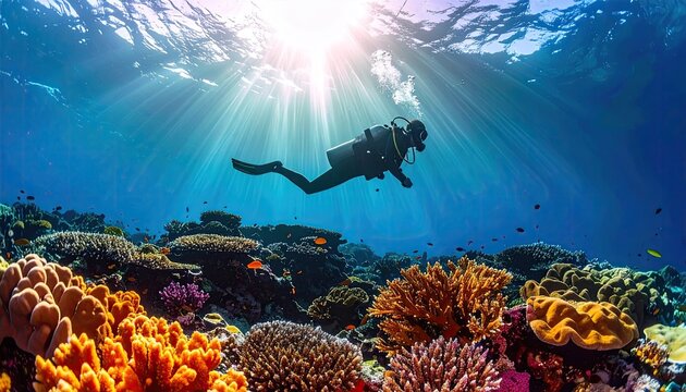 Scuba diver explores vibrant coral reef teeming with small fish beneath sun rays piercing the deep blue ocean water creating dazzling light effects