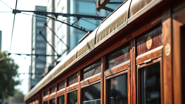 pantograph. Close-up of a pantograph contacting overhead wires on a vintage tram. mobility guides, transit brochures, designed for transport & logistics marketing, used by photographers.