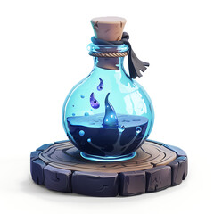 A magical potion bottle with a swirling blue liquid and small purple creatures inside, resting on a wooden stand.