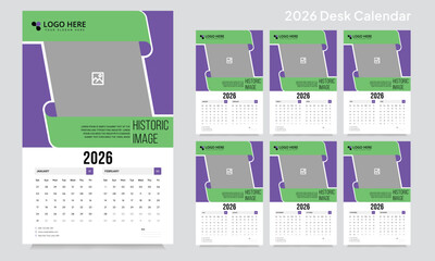 Trendy desk calendar 2026 template, corporate desk calendar schedule 2026 monthly 12-page planner layout, editable vector eps 10 file format