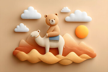 Bear rides a camel through a colorful desert landscape during a sunny day with clouds