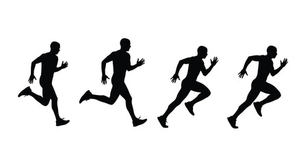 Silhouette of a man running in different poses isolated on white background