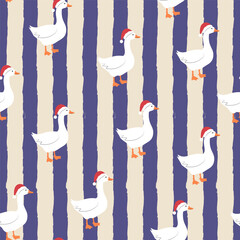 Seamless Christmas pattern with geese in Santa hats and bows. Vintage vector illustration. © sunshinys