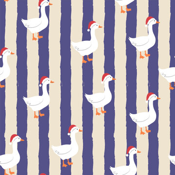 Seamless Christmas pattern with geese in Santa hats and bows. Vintage vector illustration.