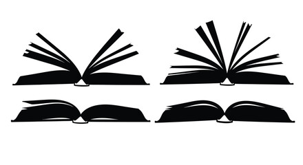 Four open books with different pages isolated on white background