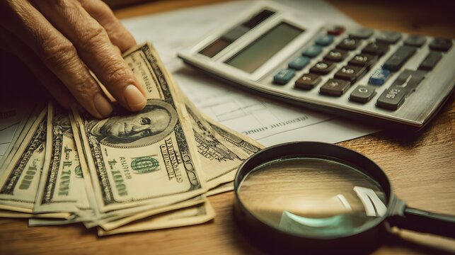Senior hand counts a stack of paper currency near a magnifying glass and calculating device