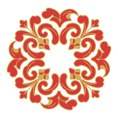 Ornamental Floral Mandala – Red and Gold Vector with Radial Leaf Design