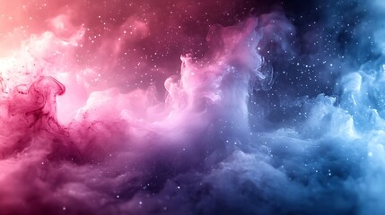 Ethereal smoke cloudscape in magenta and blue, digital art with stardust particles effect