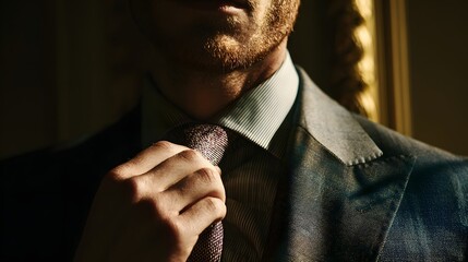Businessman adjusts patterned neckwear while dressed in formal attire under dramatic lighting