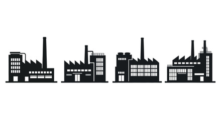 Obraz premium Four factory building silhouettes isolated on white background for industrial design