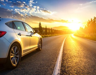 A white car driving along a road at sunset, with mountains and trees