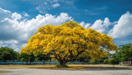 Large Yellow Flowering Tree Under a Partly Cloudy Sky.