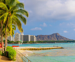 View of The Waikiki Beach Shoreline With Diamondhead in The Distance, Oahu, Hawaii, USA
