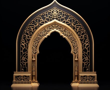 Door Design Indian and Arabic Style Golden Yellow Black Background Color LED Wall VJ Created with Generative AI Technology	