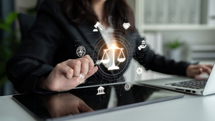 Futuristic digital law interface displaying justice scale, highlighting digital law, AI compliance,...