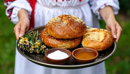 Woman holding baked goods on a tray outdoors
