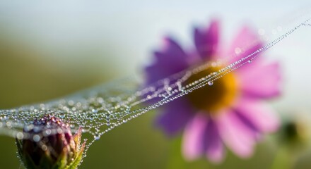 Fresh Morning Spiderweb with Dew and Bokeh Bloom.