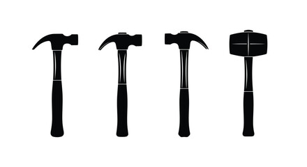 Four hammers isolated on white background, representing different hammer types