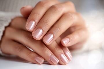 Naklejka premium Close-up of female hands with soft pink manicure and shimmering nails
