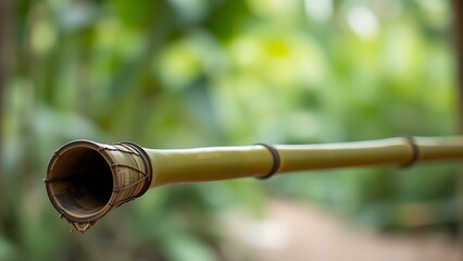 blowpipe. Bamboo blowpipe held in focus against blurred natural background, tribal aesthetic with natural materials. event programs.