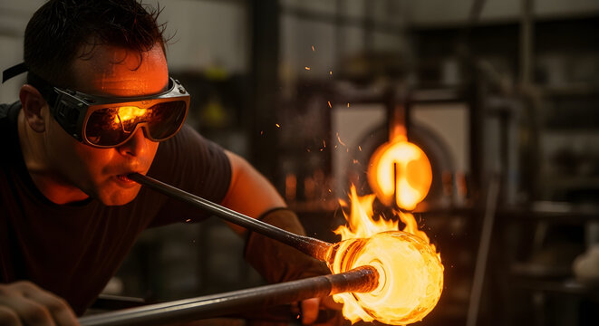 Glassblower shaping molten glass with breath and tools in a hot workshop, Artistic creation: A glassblower's dance with fire, shaping molten glass into a unique masterpiece