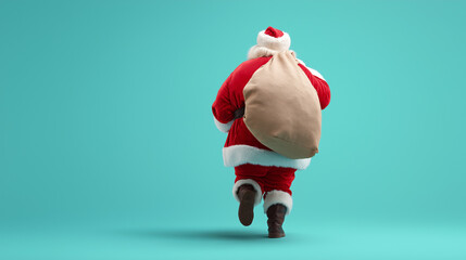 Santa Claus running with a big red Christmas gift bag on blue background, back view. Festive winter concept symbolizing fast delivery, holiday celebration, and joyful Christmas season.