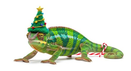 Obraz premium chameleon wearing a Christmas tree hat, holiday animal graphic, on a white background