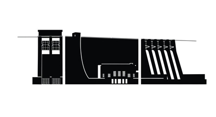 Silhouetted hydroelectric dam isolated on white background