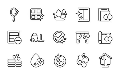 Sanitation and Home Cleaning Line Icon Set. Clean house concept with thin line vector icons of tools, detergent, sponge, broom, dustpan, and hygiene maintenance