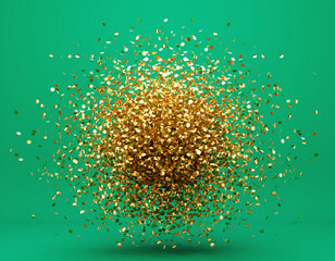 A luxurious explosion of golden glitter particles creating a festive cloud. Abstract celebratory confetti bursting on a vibrant green background