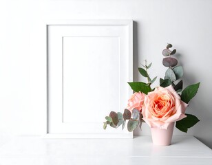 A white framed photo sits with a vase of blush-colored roses