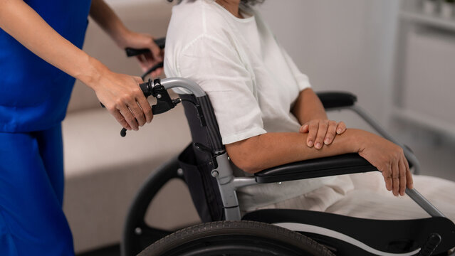 Caregiver gently pushes elderly patient wheelchair home providing professional nursing care and compassionate mobility assistance for their health and wellbeing
