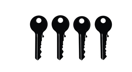 Four black keys isolated on white background are arranged in a row