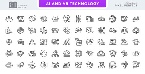 Virtual Reality and Artificial Intelligence line icon set. 3D visuals, controllers, automation, simulations, robotics, machine learning, headset, chat line icon set. Editable stroke