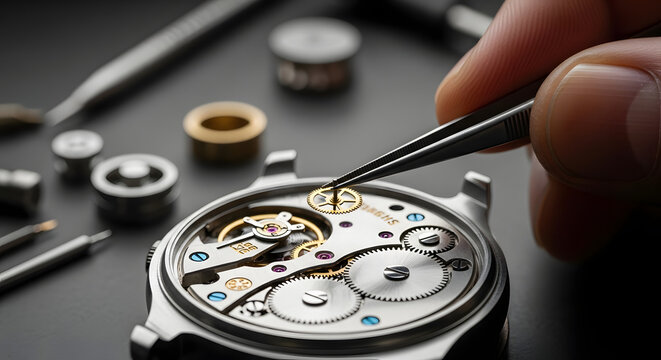 A watchmaker's hand meticulously assembling a complex mechanical watch movement with precision tweezers.