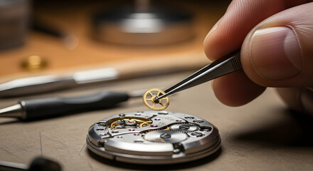 A watchmaker's hands meticulously place a tiny golden gear into an intricate mechanical watch movement using precision tweezers.