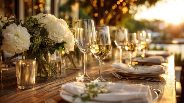 Elegant outdoor dining table setting glows with warm sunset lighting and floral centerpieces