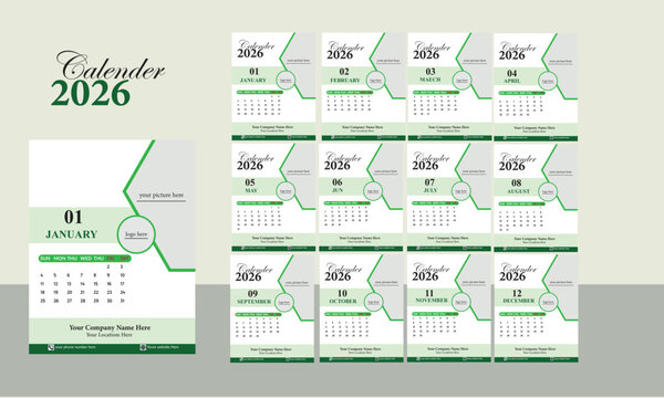 Calendar 2026 year in English classic strict style. Week start Sunday, simple Monthly vertical photo layout. set of 12 Months 2026 wall table calender.Vactor illustration.