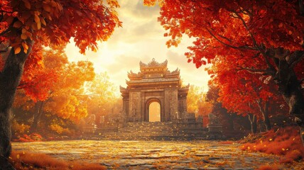 Fototapeta premium Ancient temple framed by red and orange trees in a stylized fantasy valley during autumn, golden leaves swirling in the wind, nostalgic and magical atmosphere.