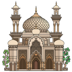 Cartoon colorful illustration of Islamic architecture with domes, arches, and arabesque ornaments, representing tradition, culture, and spirituality
