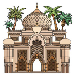 Cartoon colorful illustration of Islamic architecture with domes, arches, and arabesque ornaments, representing tradition, culture, and spirituality