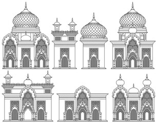 Set of stylized ancient Middle Eastern buildings in line art style. Perfect for games, travel guides, architecture projects, or historical infographics. Hand drawn vector illustration