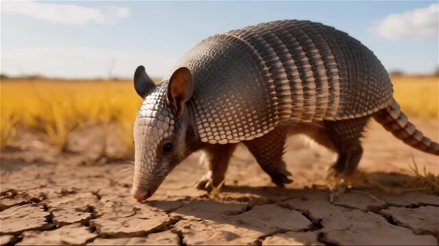 Armadillo  caminando activamente sobre la tierra seca y agrietada de la sabana